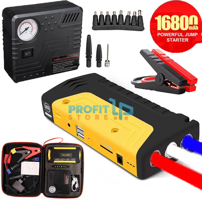 Σετ SOS Jump Starter & Κομπρεσέρ Αυτοκινήτου - 16800mAh Εκκινητής Power Bank USB & Τρόμπα Αέρος με LED Φακό Αστυνομίας & Κόφτη Ζώνης - Φορτίζει από Κινητό μέχρι Αυτοκίνητο